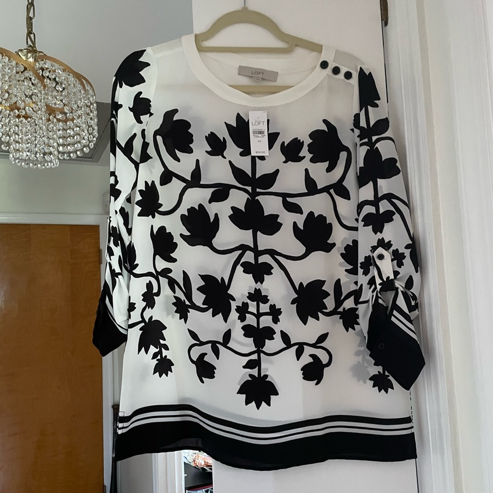 NWT LOFT Black and White Floral Top